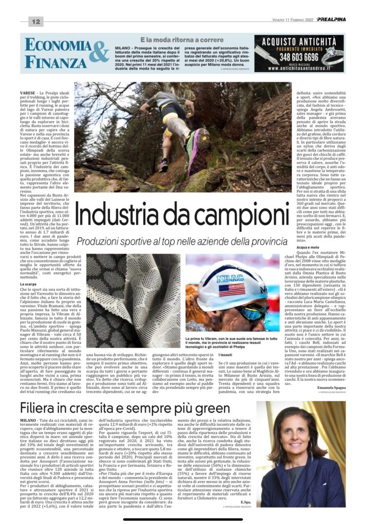 Intervista Prealpina febbraio 2022 MAM linea sportiva