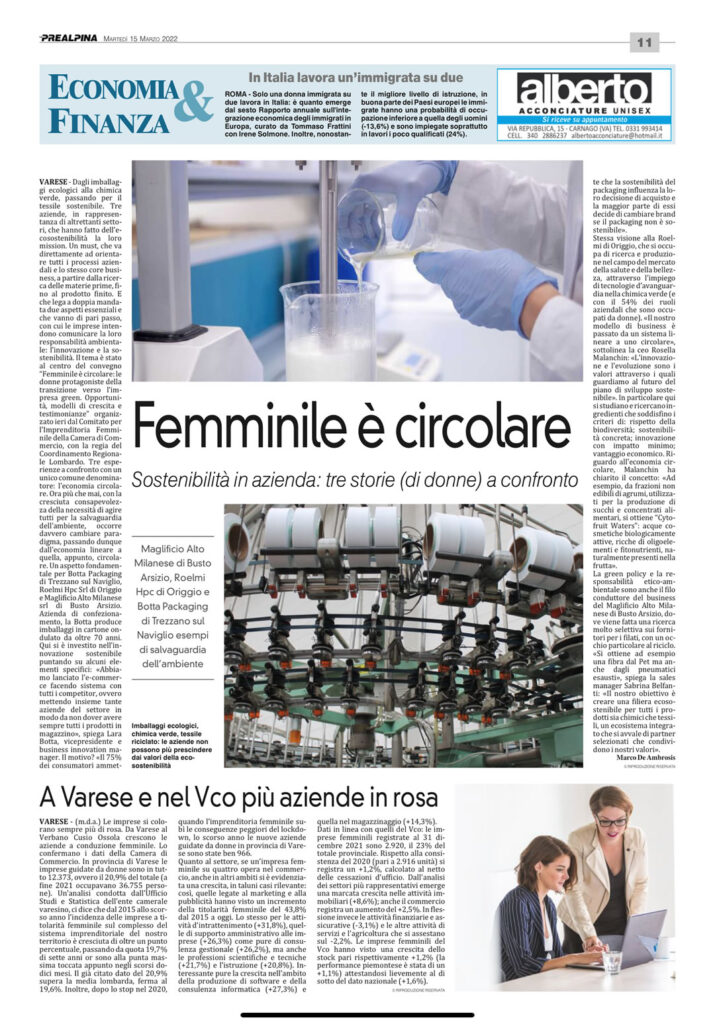 Intervista Prealpina marzo 2022 MAM sostenibilità